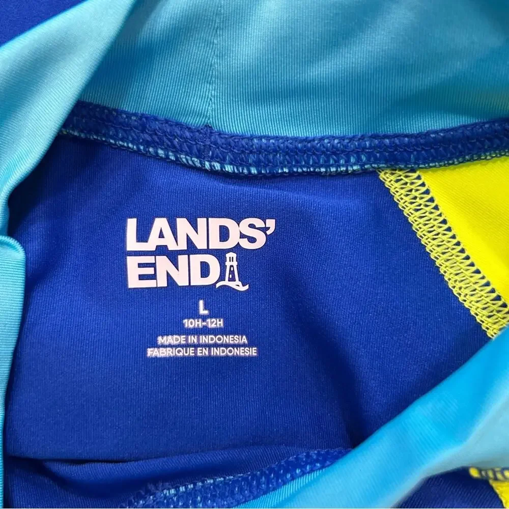 NWOT Lands End Blue Neon Yellow Short‎ Sleeve Rash Guard Swim Shirt Large Youth